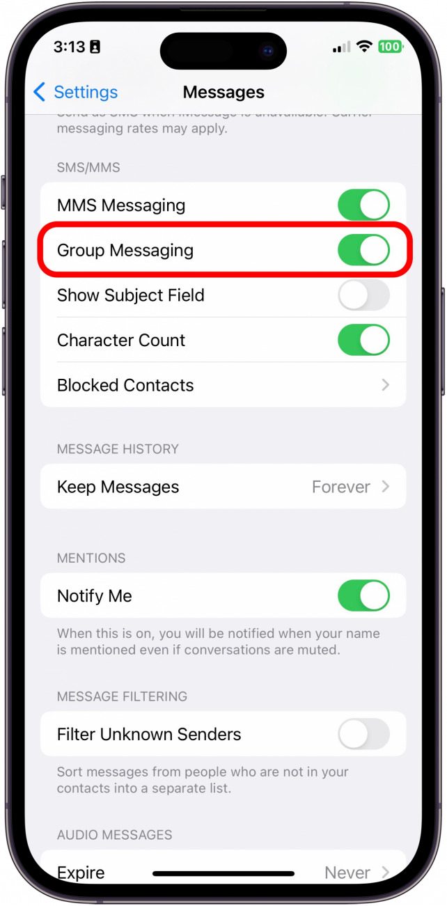Under SMS/MMS toggle Group Messaging on.