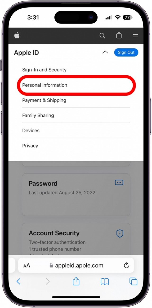 Tap Personal Information on your Apple Account page.
