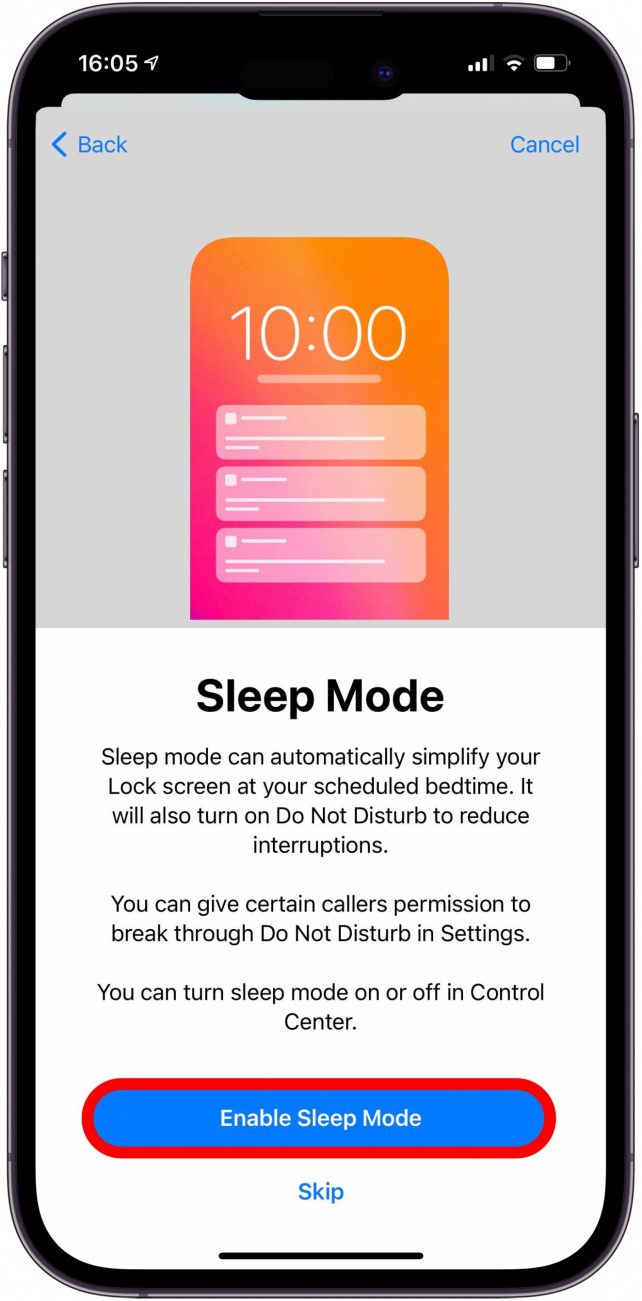 Tap Enable Sleep Mode.
