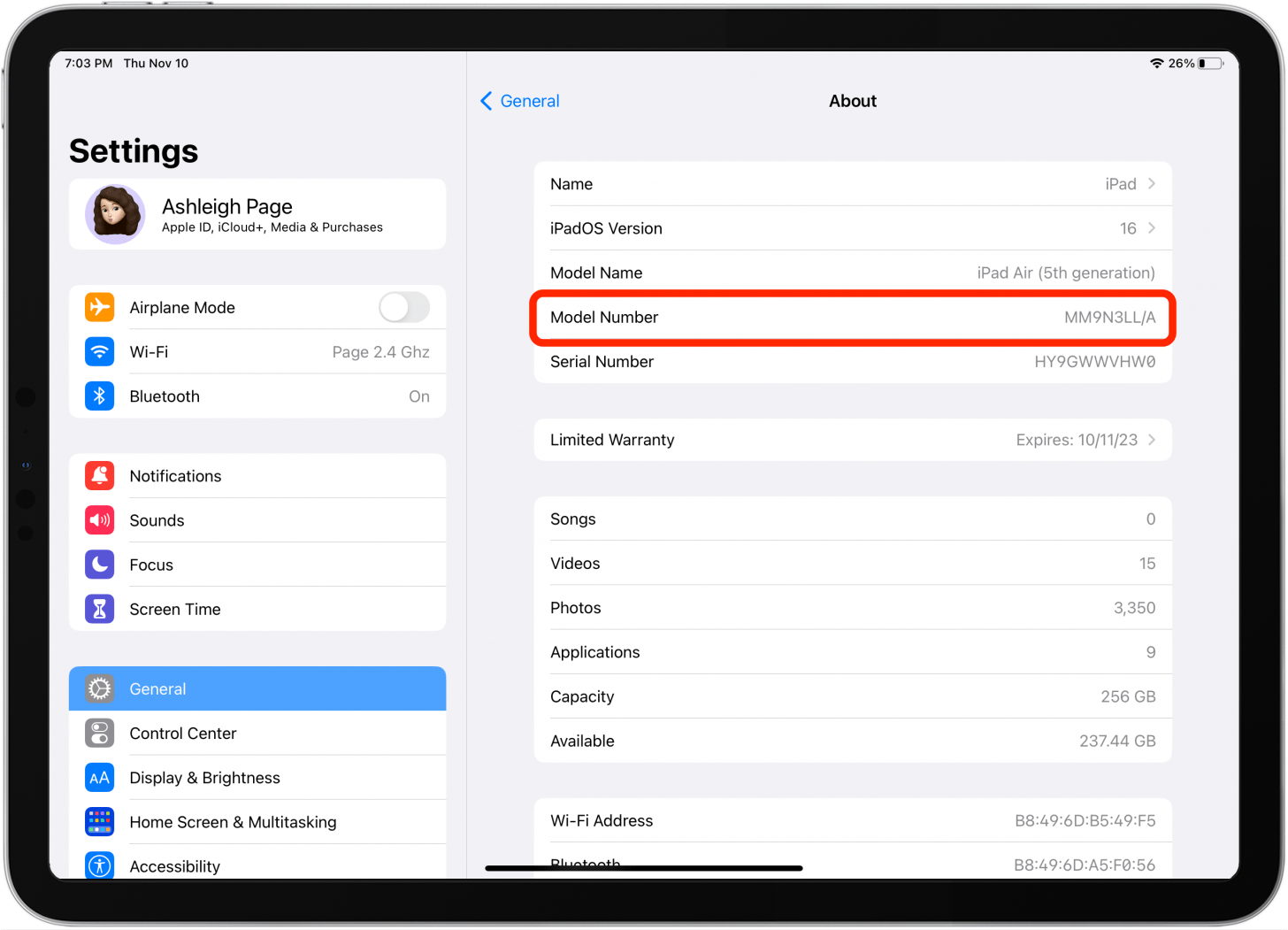 Find your iPad model number in Settings.