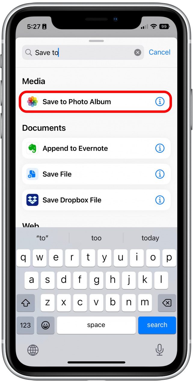 Then one last time, search for and tap on Save to Photo Album.