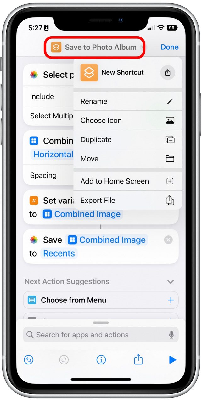 Tap the field at the top of the screen to rename your shortcut.