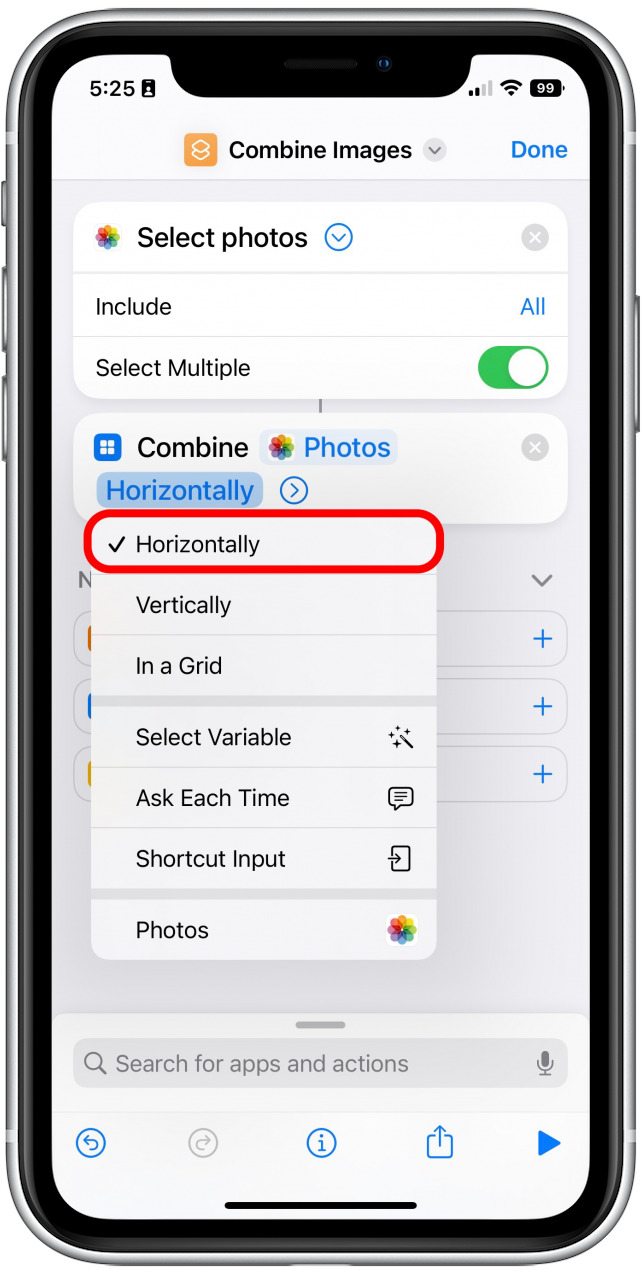 In the Combined Images section, make sure the mode field is set to Horizontally. If not, tap on Horizontally to change it.