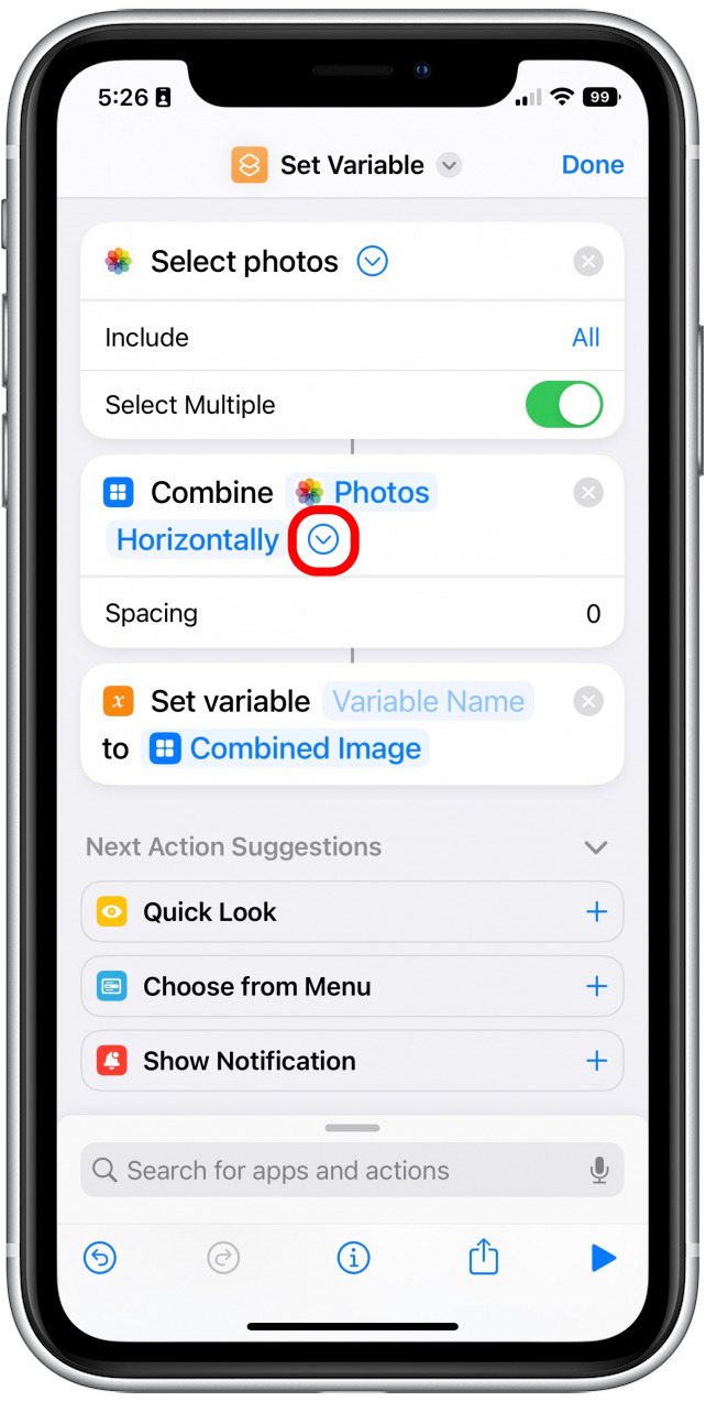 Tap on the arrow next to Horizontally to adjust how much space you want between the photos. If you don't want any spacing, you can skip this step.