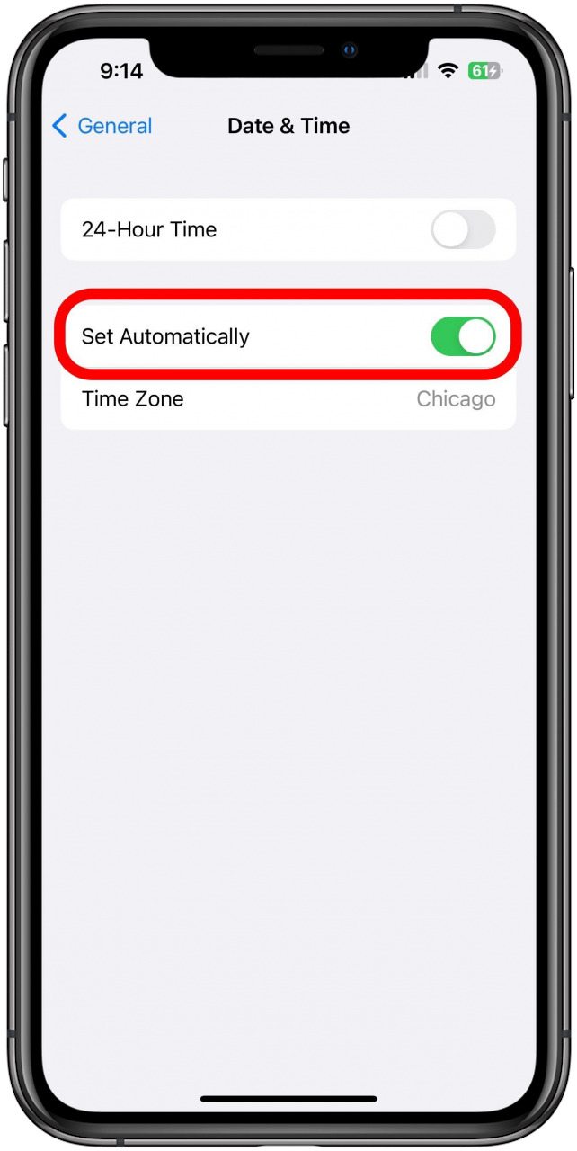 Settings app in the General Date & Time settings with the Set Automatically toggle marked.