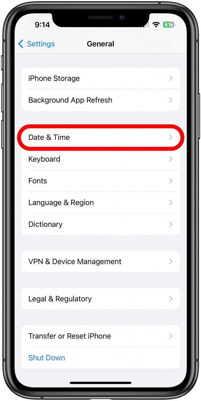 Settings app with General screen open and Date & Time marked.