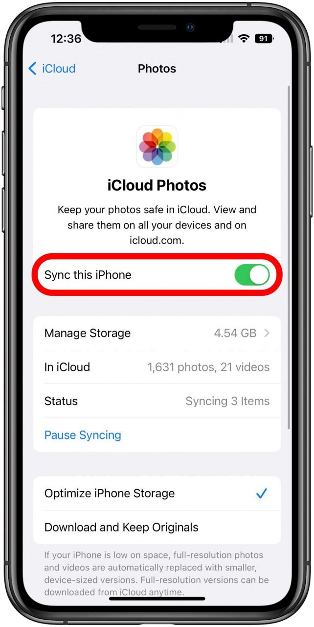 iCloud Photos Settings screen with Sync this iPhone toggle marked.