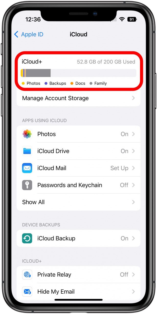 iCloud Settings screen with the iCloud+ storage information box marked.