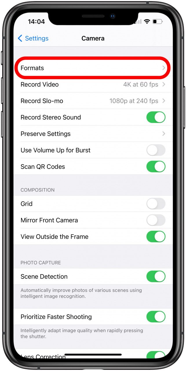Tap on formats to edit your camera settings.