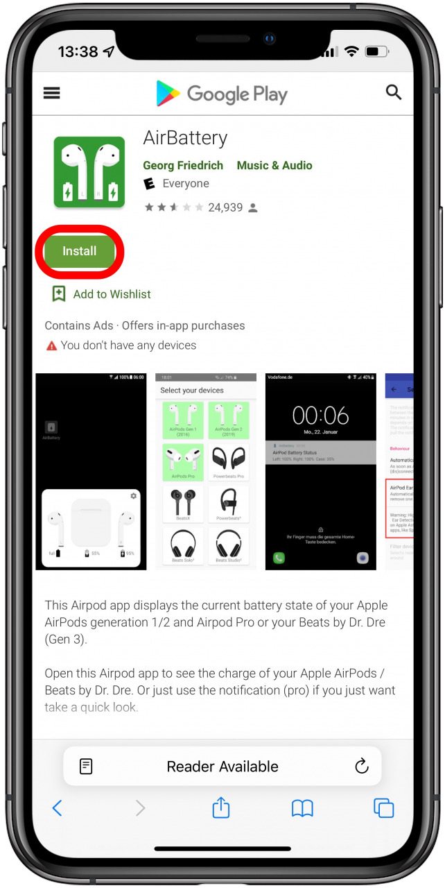 how to check battery of airpods for Android 