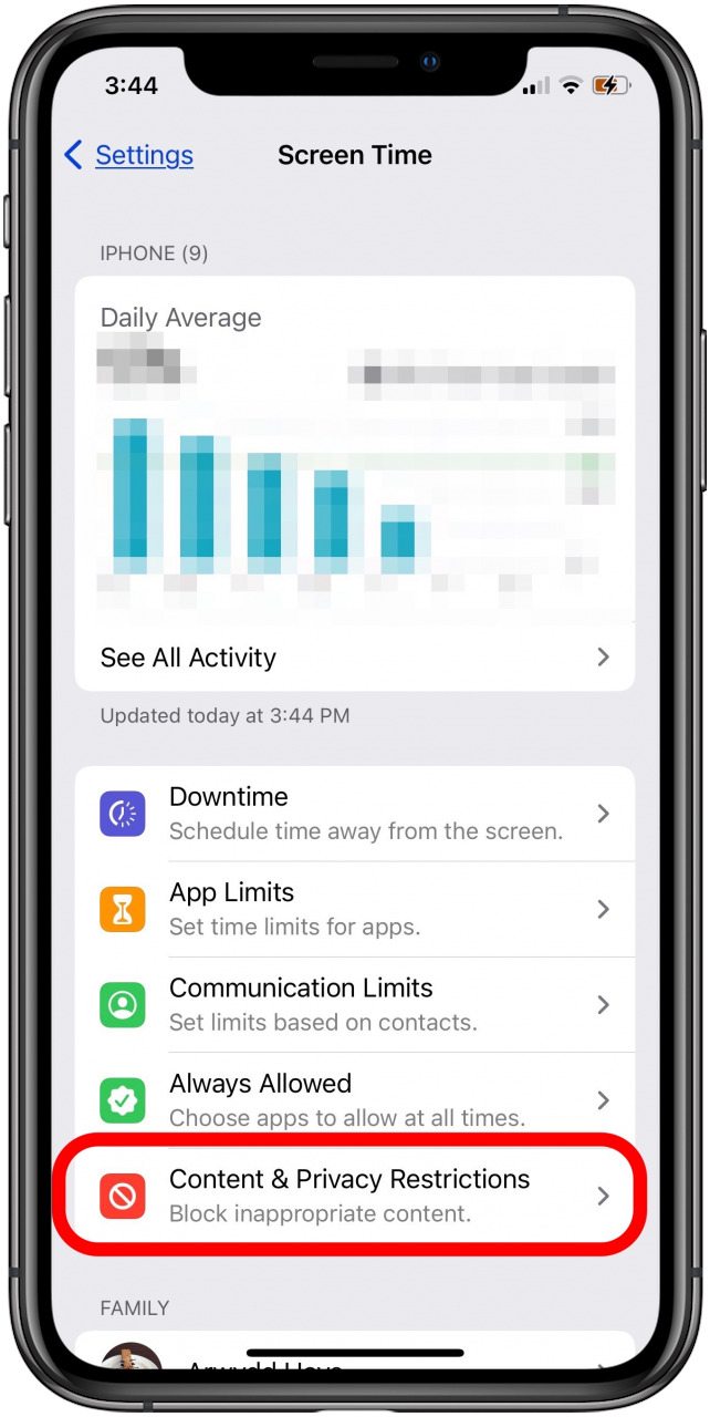 tap content and privacy restrictions in screen time settings