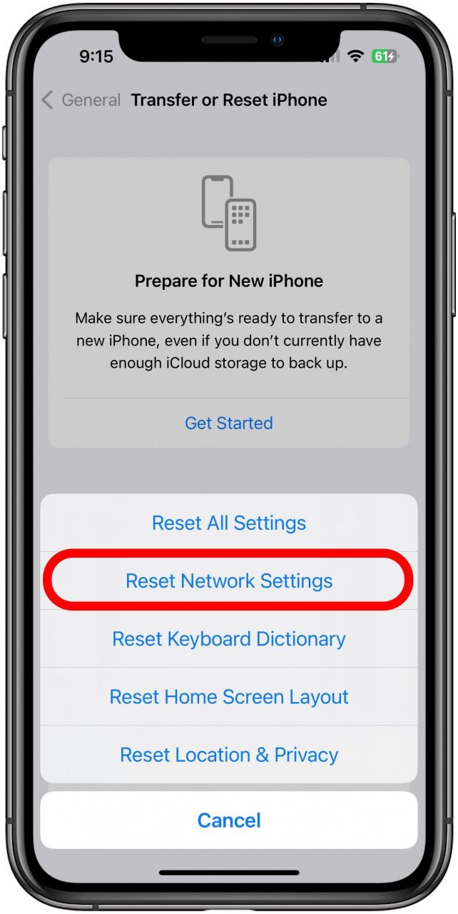 Transfer or Reset iPhone screen with Reset menu open and Reset Network Settings option marked.