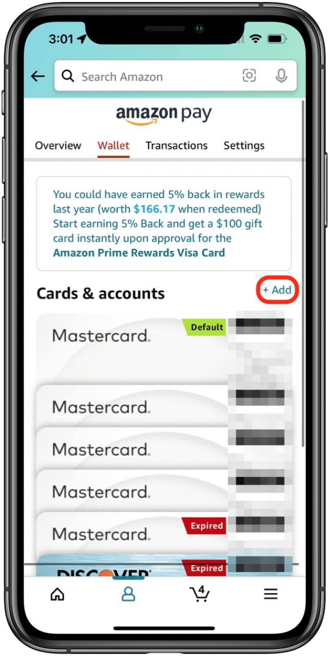 tap the plus sign to add a card to the amazon account