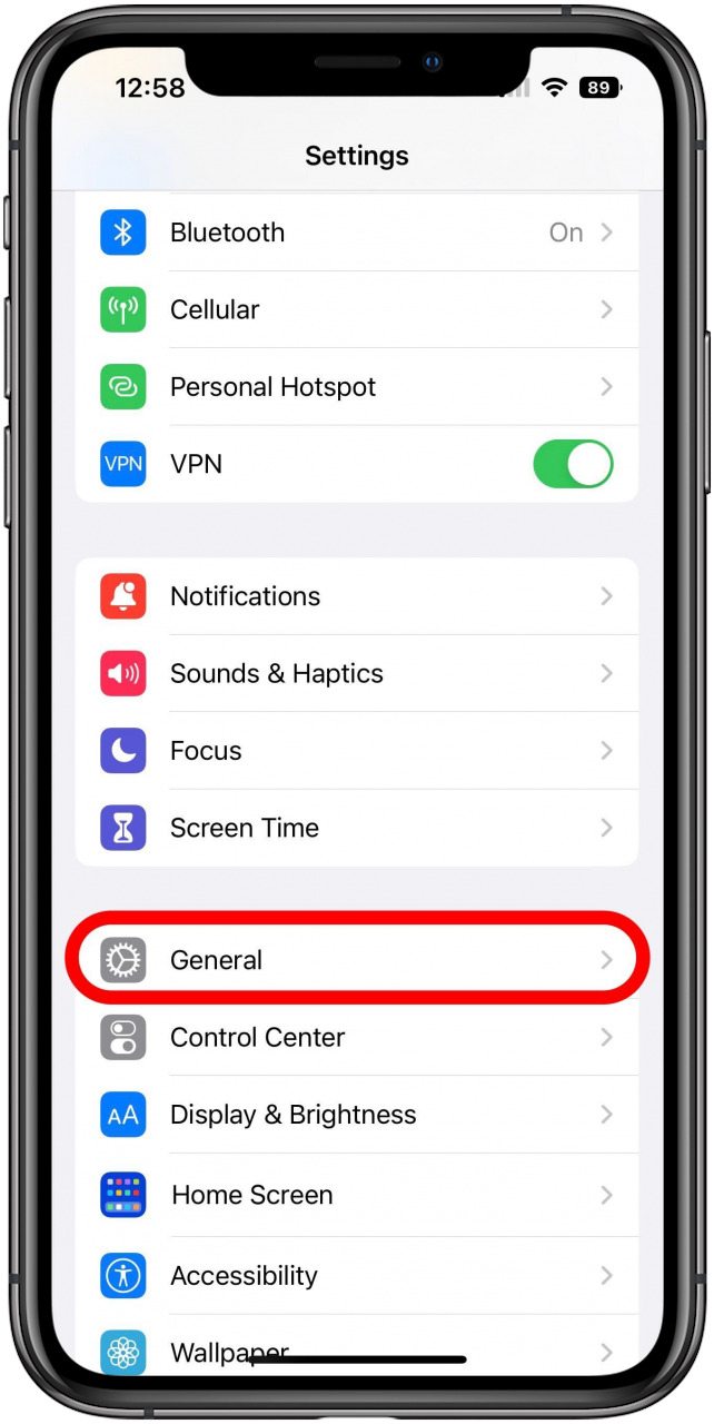 Settings app main screen with General option marked.