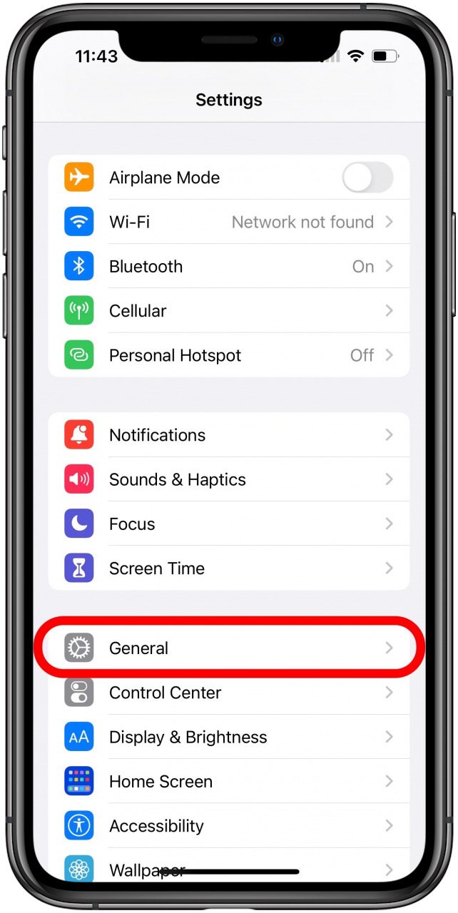 Settings app screen with General option marked.