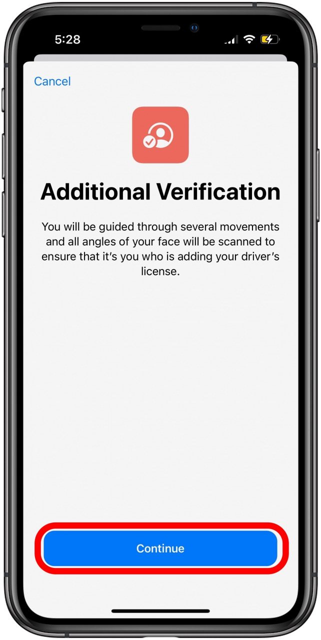tap continue to confirm digital drivers license identity
