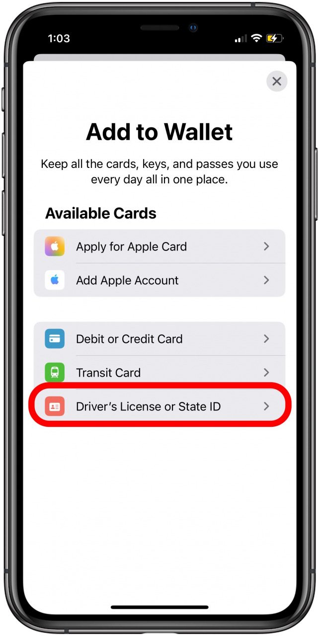 tap drivers license or state id to add drivers license to apple wallet